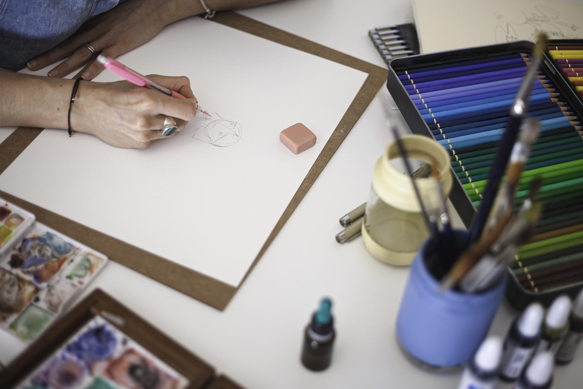 Sketches and material swatches for pricing examples